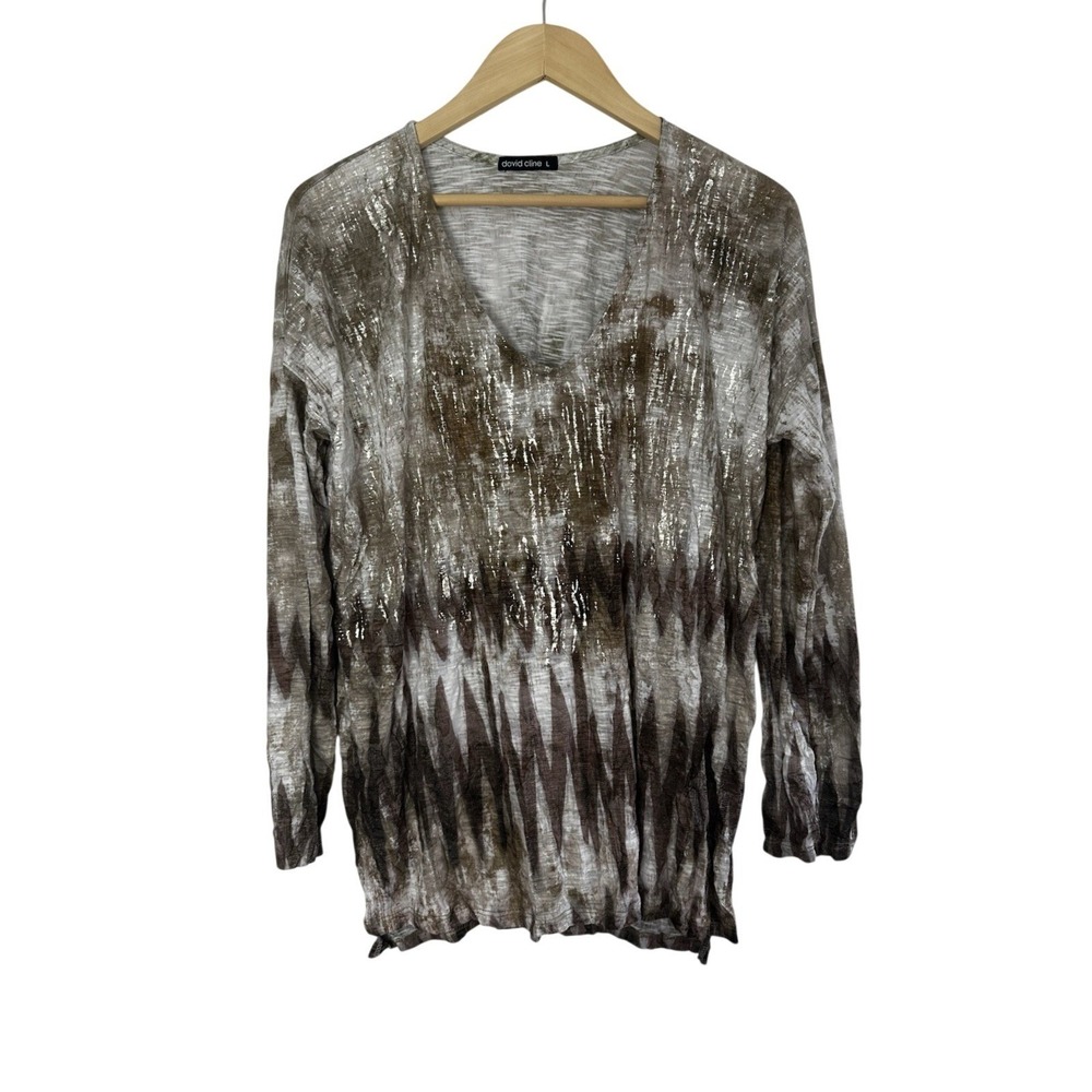 David Cline Abstract Tunic Womens Large V-Neck Gold Brown Nature Pullover Artsy